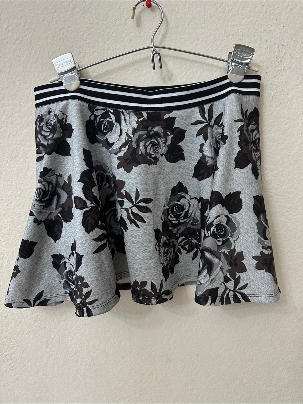 Justice Grey Floral Skater Skirt with Black Striped Waistband